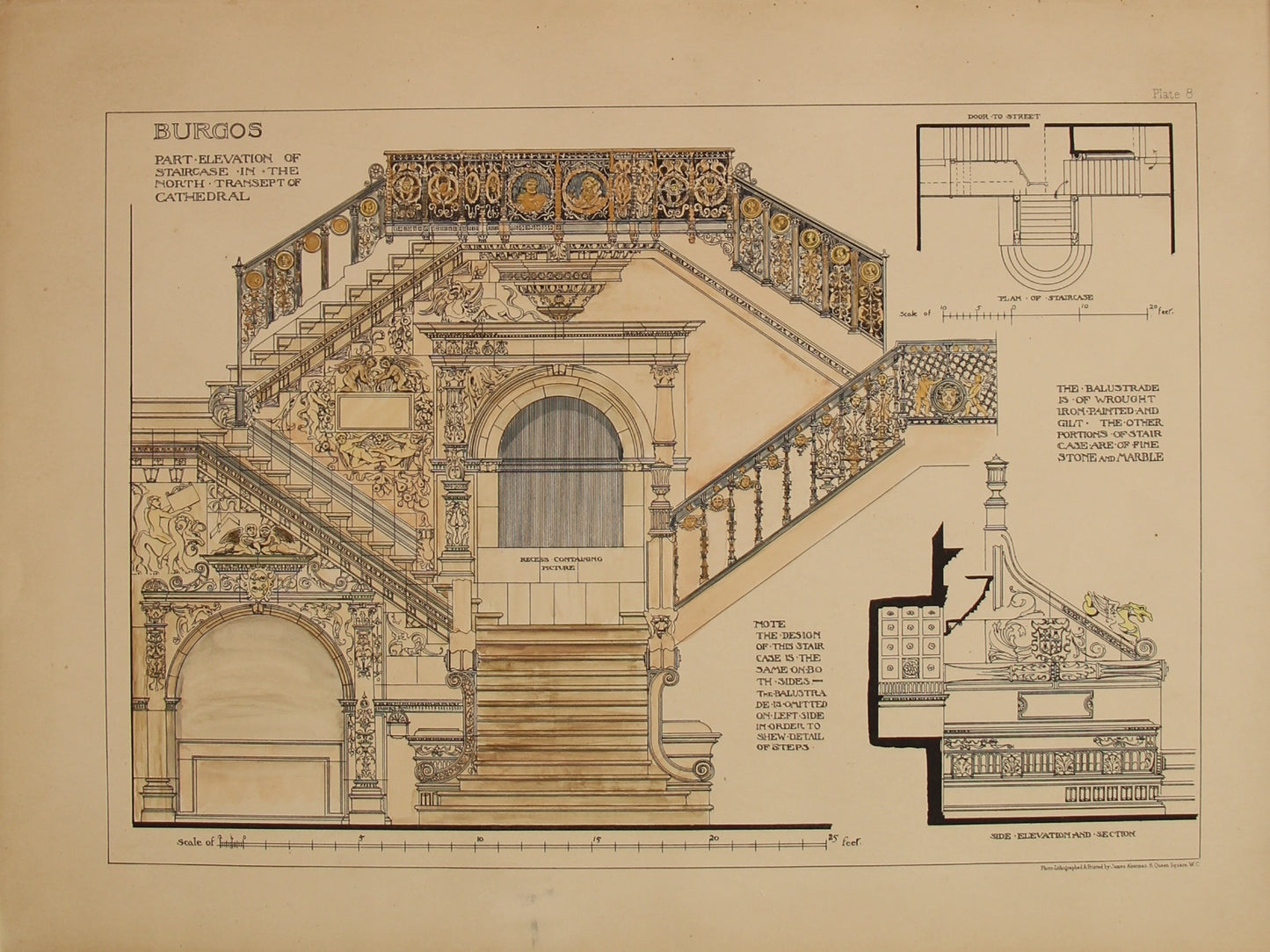 Architecture, Spanish Renaissance, Plate 8, Burgos, Part Elevation of Staircase in the North Transept of the Cathedral,