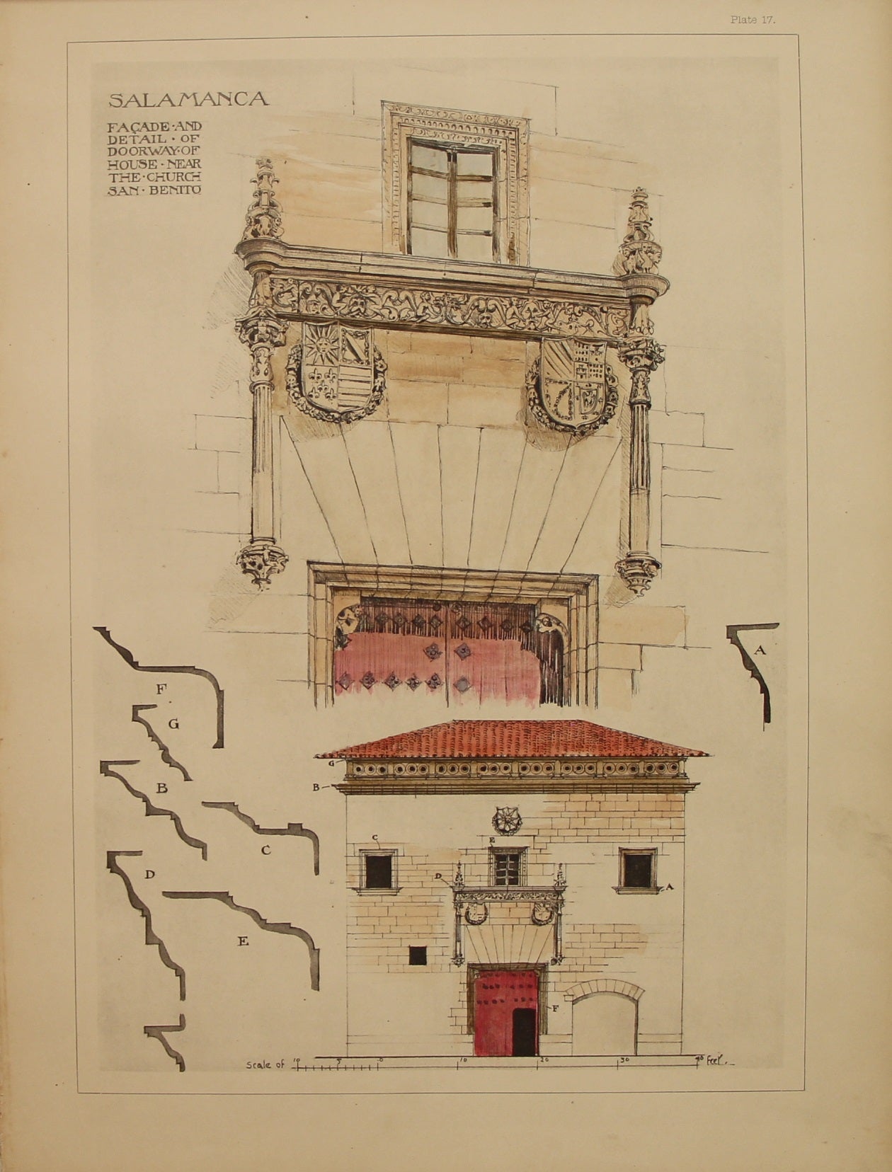 Architecture, Spanish Renaissance, Plate 17, Salamanca, Facade and Details of of Doorway of House, Near the Church San Benito,