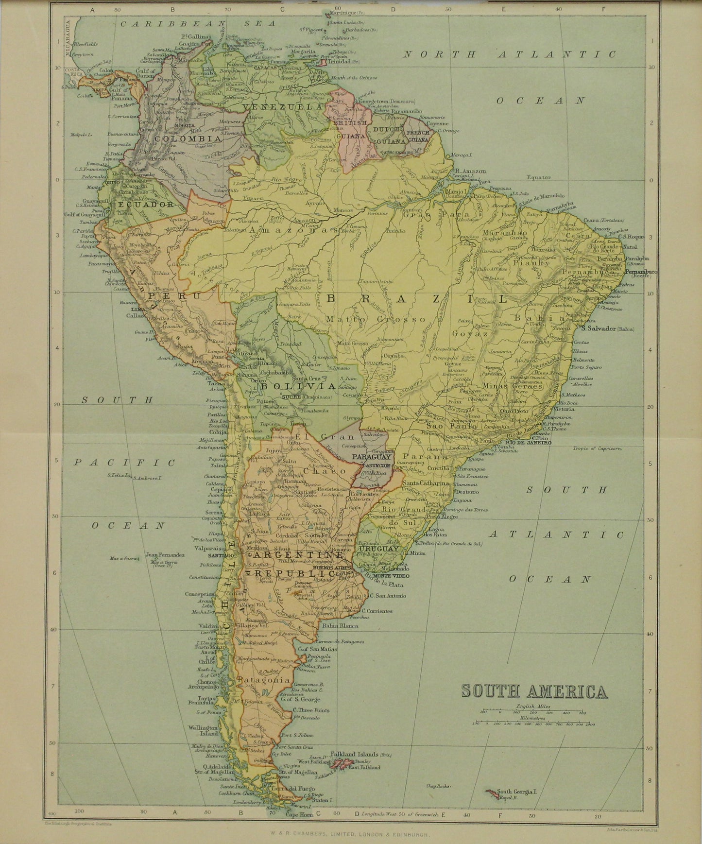 Map, South America, Back, The Edinburgh Geographical Institute, John Bartholomew and Sons Ltd, W & R Chambers,
