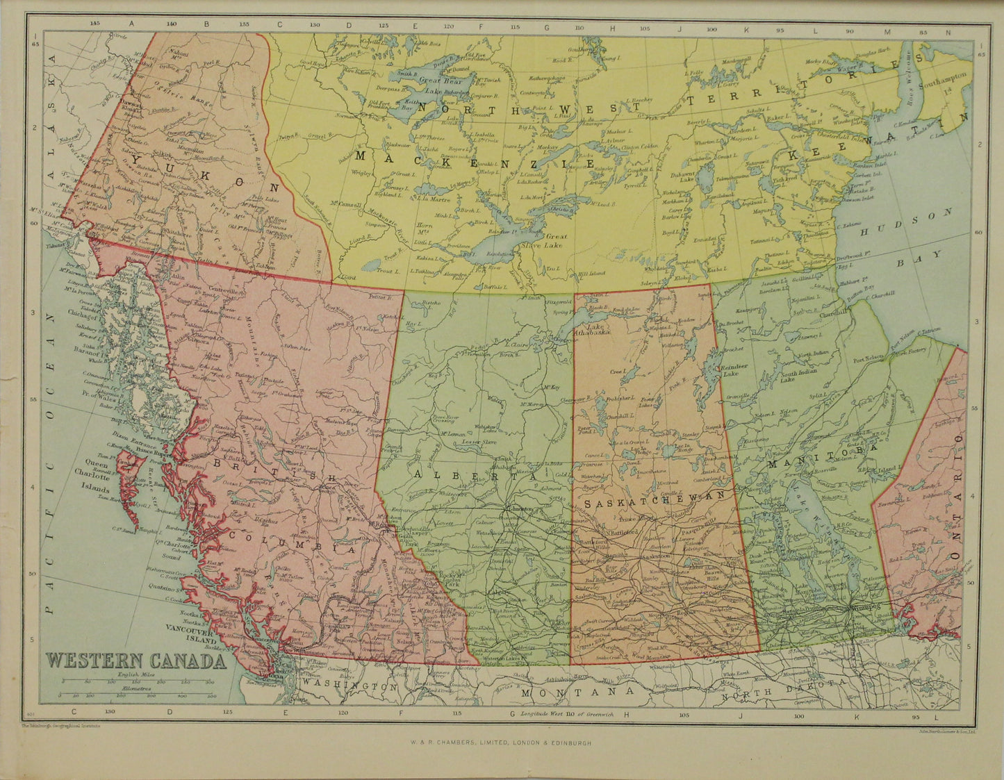 Map, Western Canada, The Edinburgh Geographical Institute, John Bartholomew and Sons Ltd, W & R Chambers,