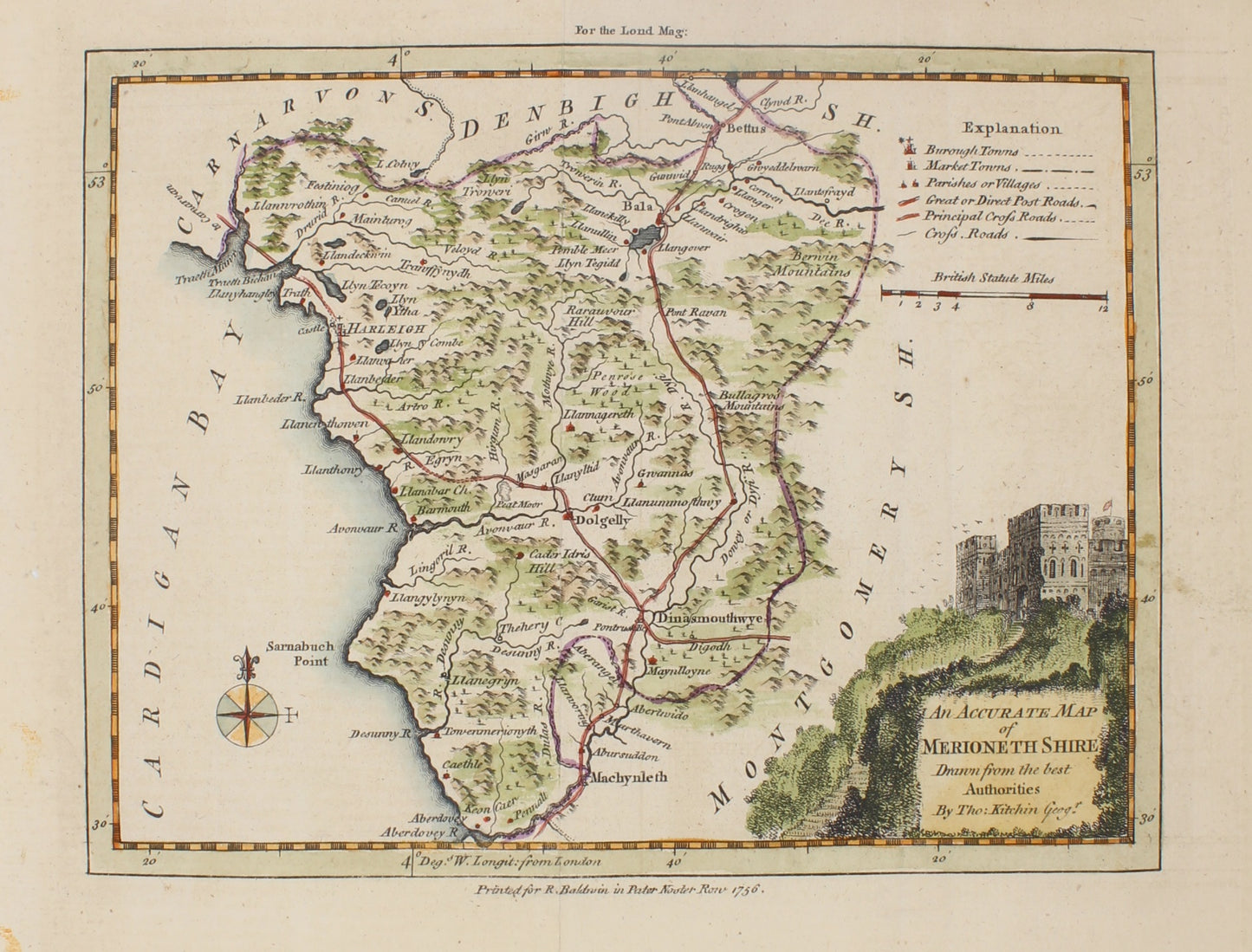 Map, Merionethshire, Kitchin, Thomas, The London Magazine, c1756