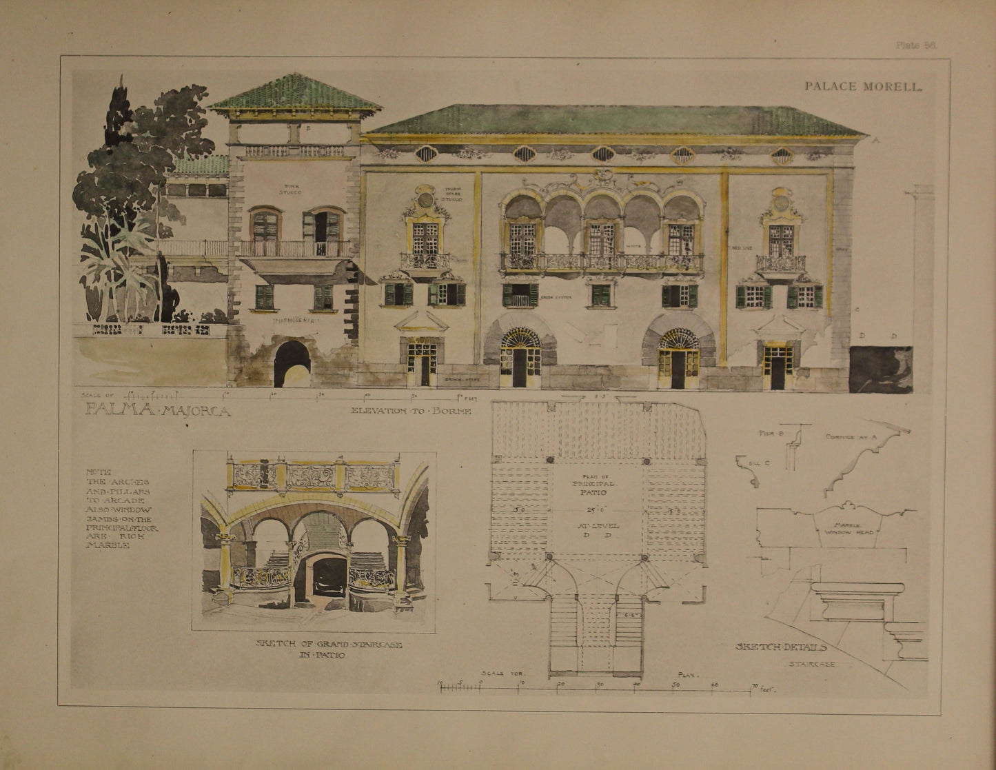Architecture, Spanish Renaissance, Palace Morell, Plate 56, Elevation to Borne, Elevation and Details of Facade, Palma, Majorca