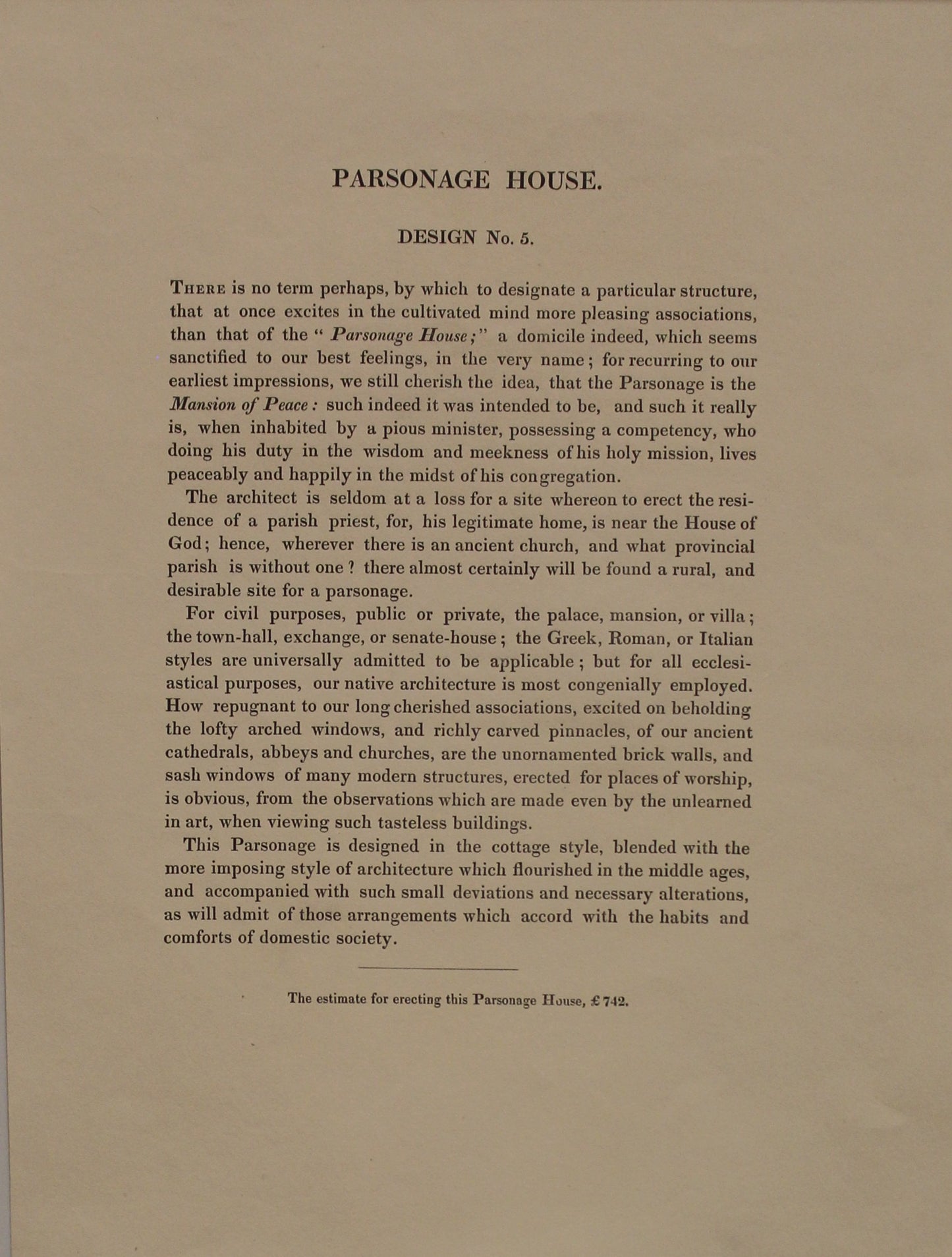 Architecture, Parsonage House, Principal Front Design, Chamber Plan, Ground Plan, Design No 5, Plate 11 and 12