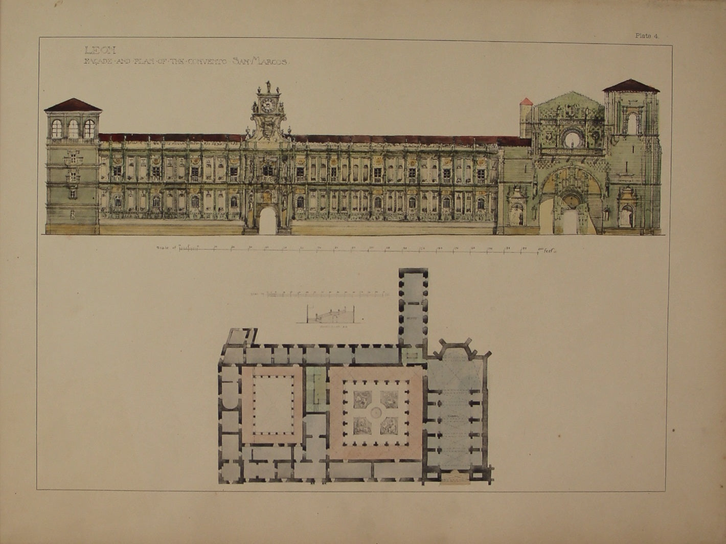 Architecture, Spanish Renaissance, Plate 4, Leon, Facade and Plan of the Convent of San Marcos,