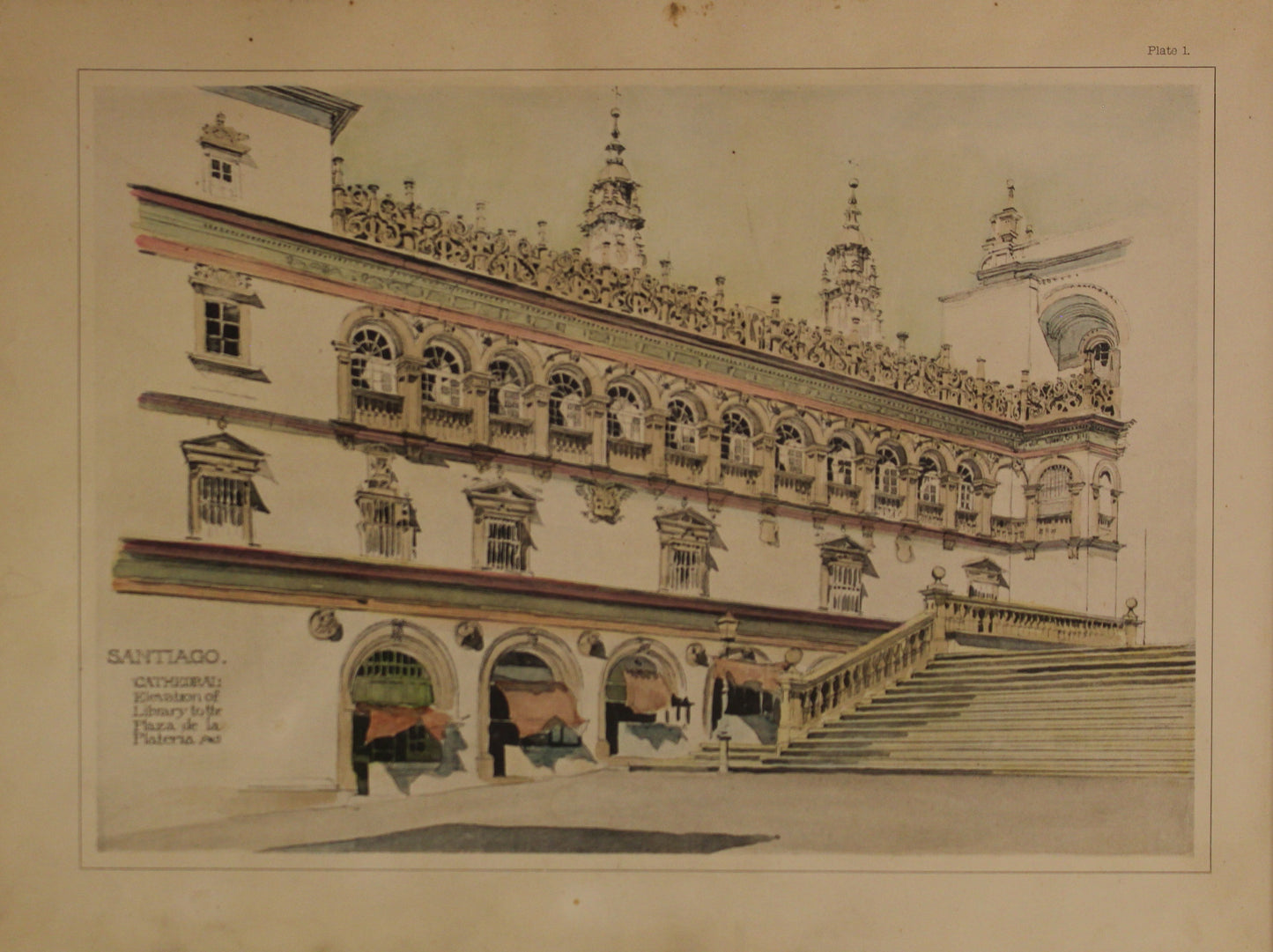 Architecture, Spanish Renaissance, Plate 1, Santiago, The Cathedral Santiago, Elevation of Library to the Plaza de la Plateria,