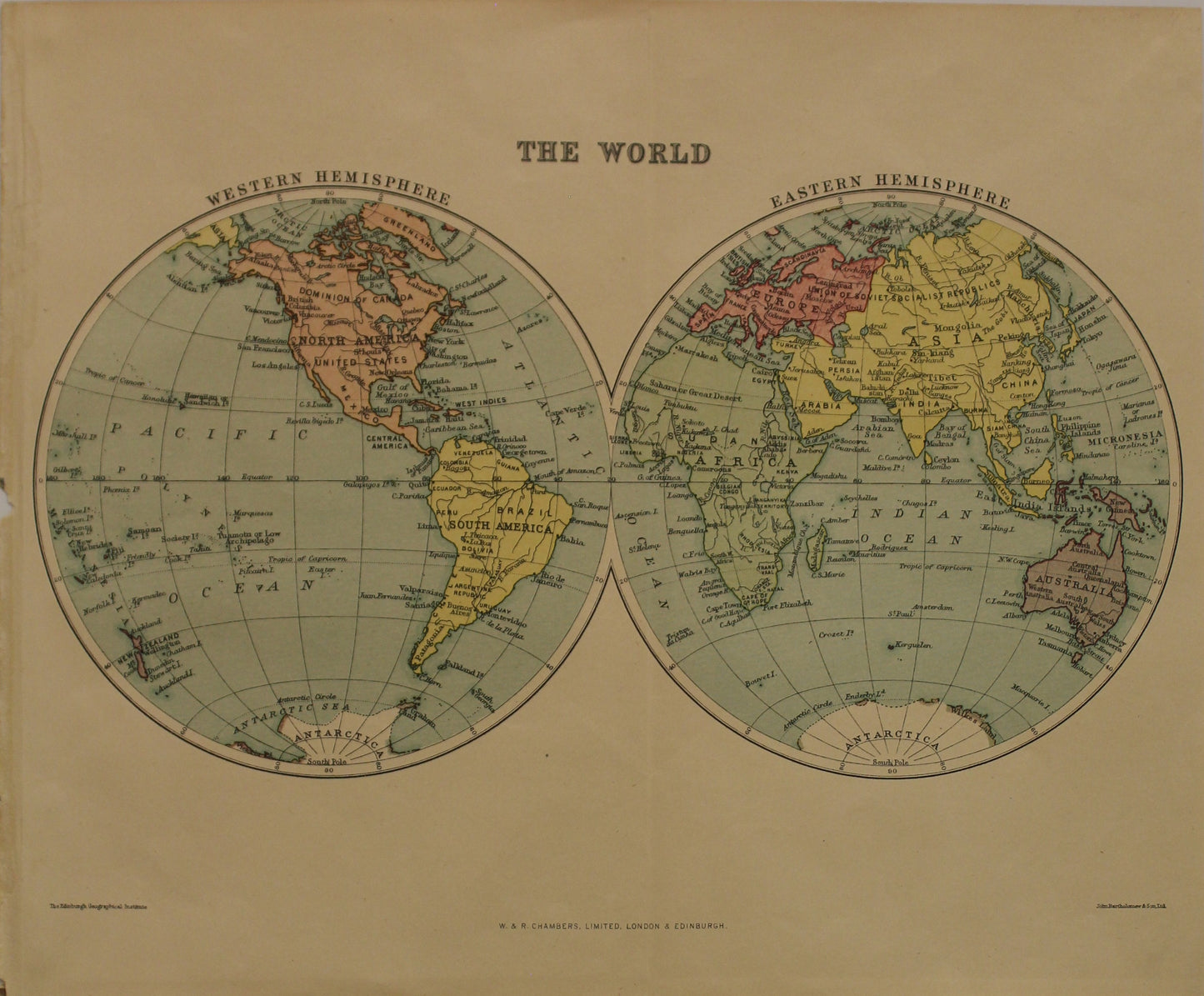 Map, The World, Eastern and Western Hemispheres, The Edinburgh Geographical Institute, John Bartholomew and Sons Ltd, W & R Chambers,