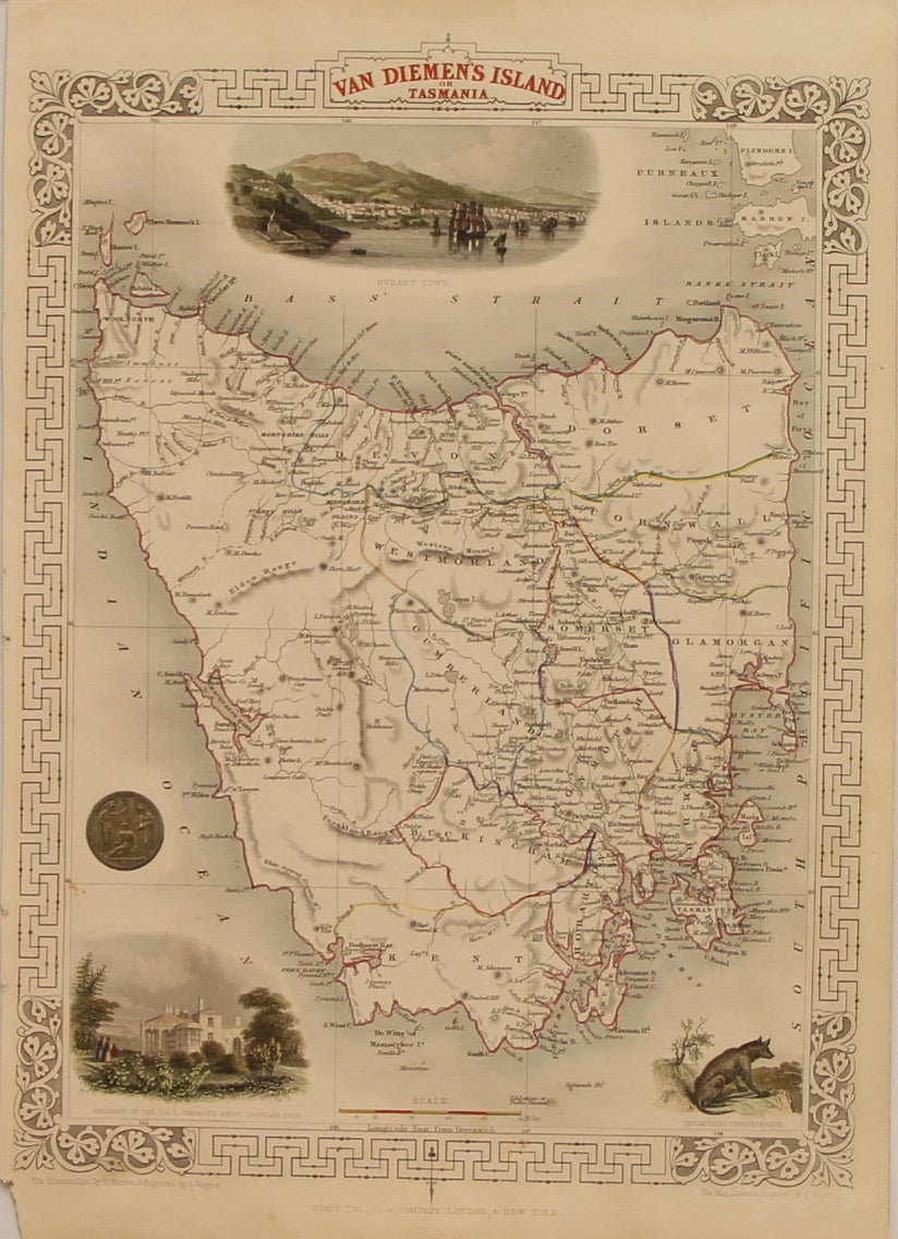 Map, Tallis John, Van Diemen's Island or Tasmania, c1851