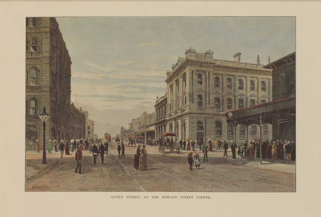 Queen Street at the Edward Street Corner, Brisbane, c1886, from Garran's Picturesque Atlas of Australasia. A reproduction print available at Antiquarian Print Shop.