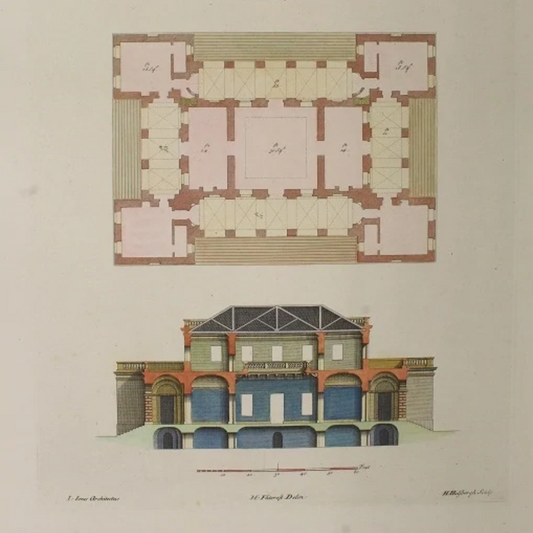 Original hand coloured copperplate engraving by Inigo Jones printed c1715. Jones was appointed to the Court of Charles 1 in 1615 as Chief Architect to the Crown