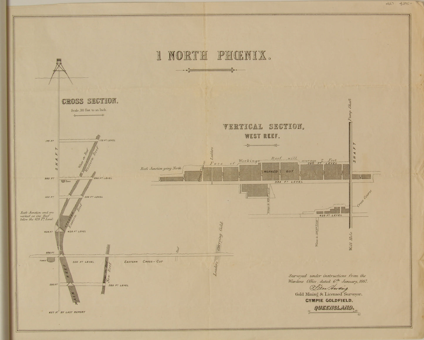 Map, Gympie Goldfields, North Phoenix, Vertical Section, West Reef, 1868 to 1898