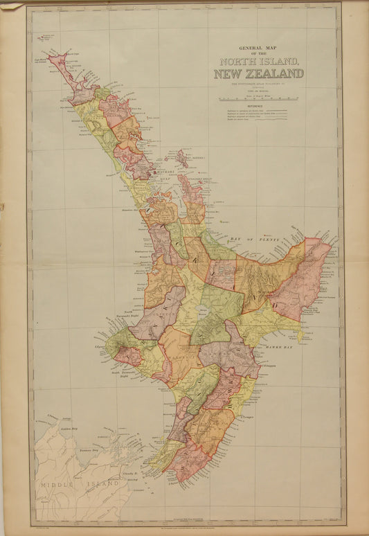 Map, New Zealand, General Map of the North Island, c1886