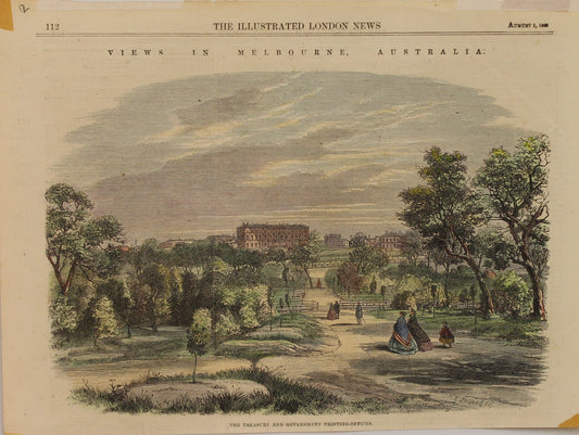 Australia, Views of Melbourne, The Treasury and Government Printing Offices, The London Illustrated News, c1806