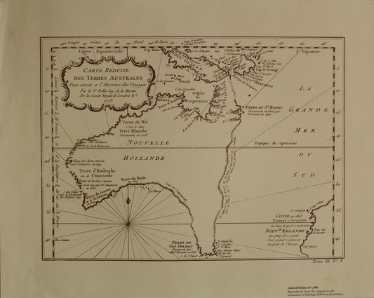 Map, Carte Reduite Des Terres Australes, Bellin Jacques Nicolas, c1753 Reproduction