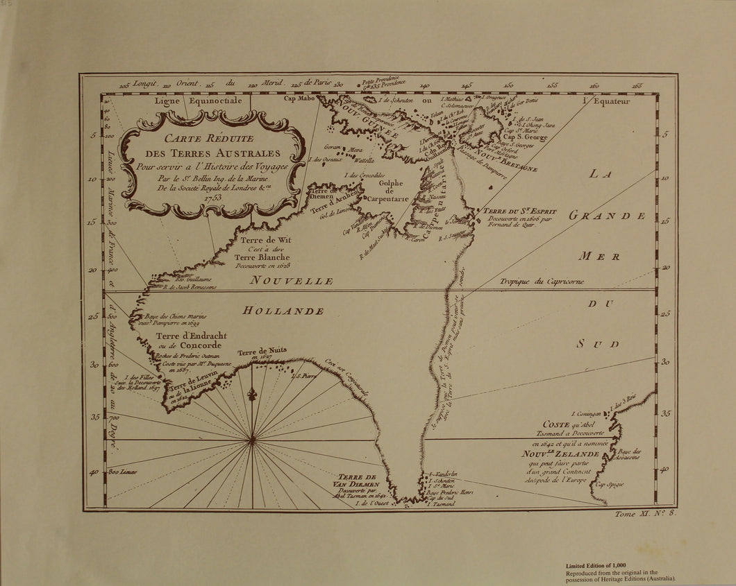 Map, Carte Reduite Des Terres Australes, Bellin Jacques Nicolas, c1753 Reproduction