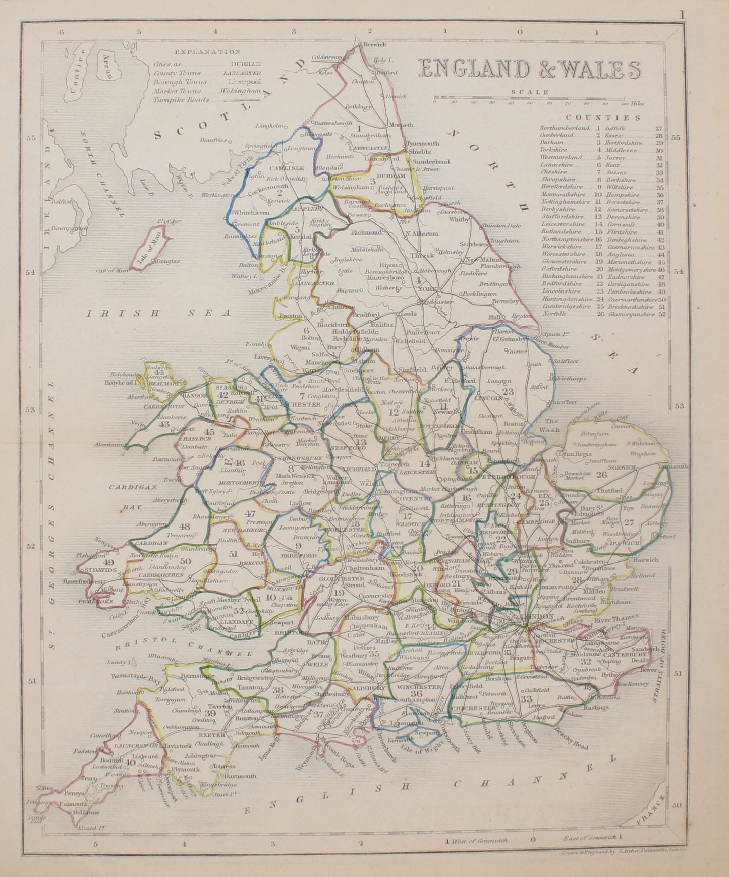 Map, England and Wales, Archer J,  c1855