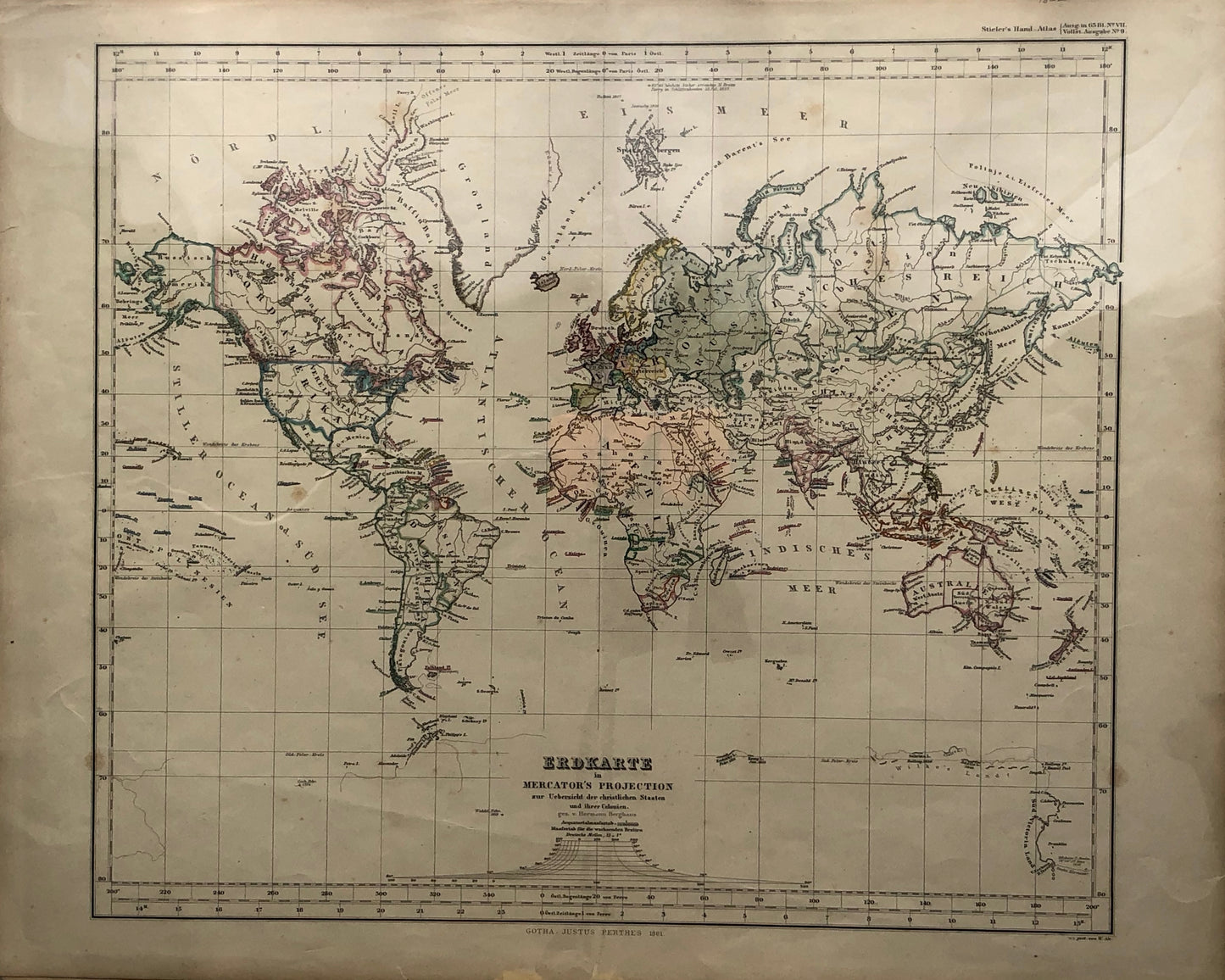 Map World Erdkarte in Mercators Projection, Gotha, Justus Perthes