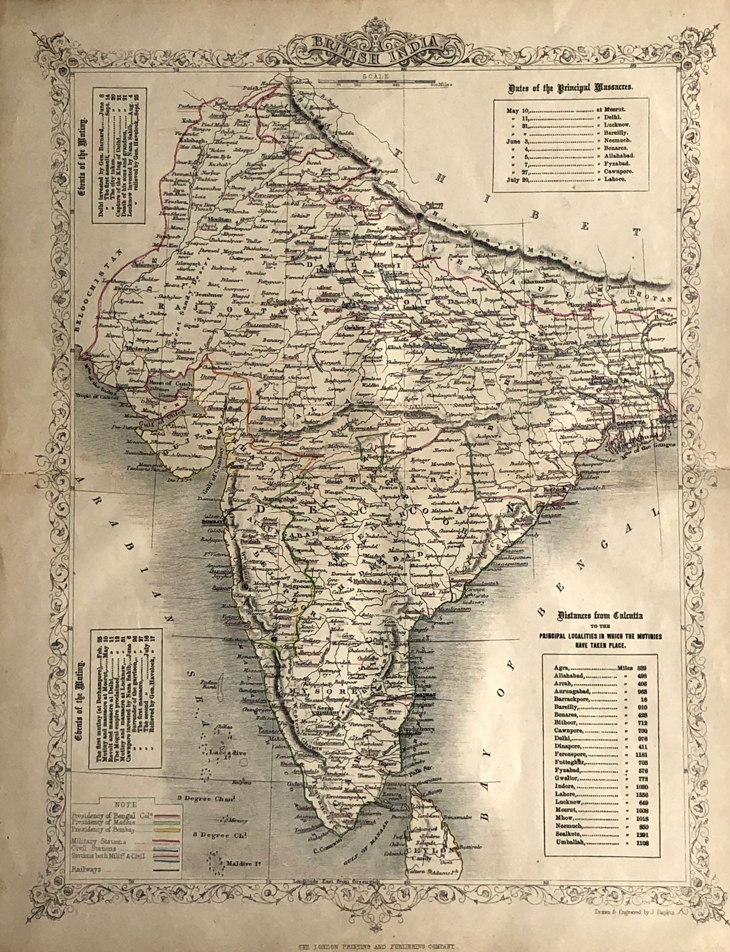 Map, Tallis John, British India, c1851,  Dates, Localaties and Events of Massacres and Mutiny