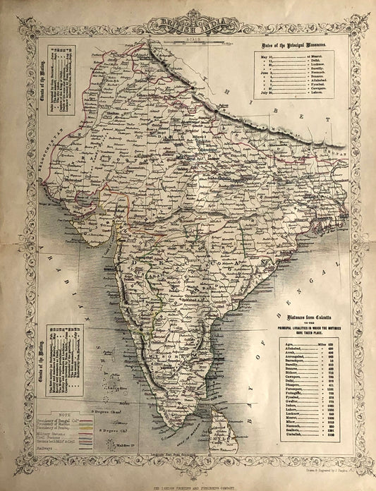 Map, Tallis John, British India, c1851,  Dates, Localaties and Events of Massacres and Mutiny