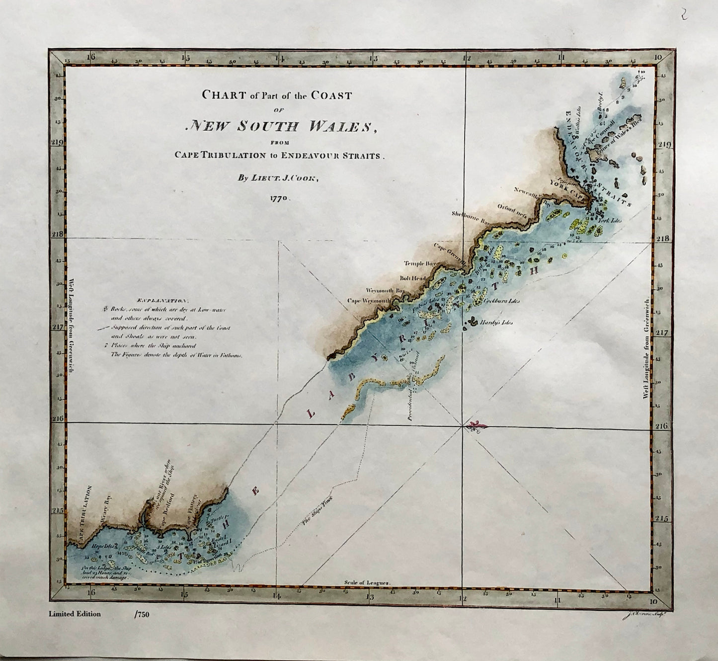 Map, James Cook Cape Tribulation and Endeavour Straits Reproduction
