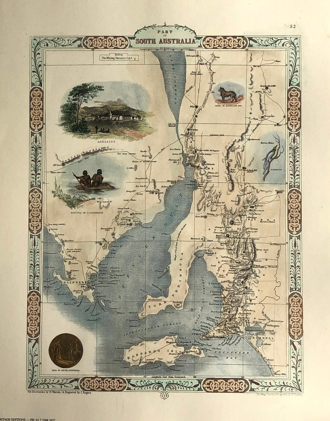Hand coloured reproduction map of South Australia by John Tallis