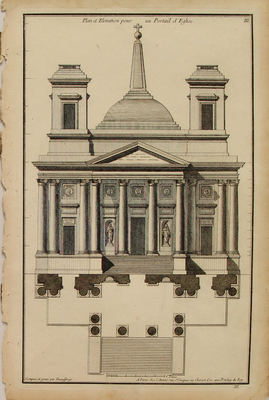 Architecture, Plan and Elevation of Portal of a Decorated Chapel of the Ionic Order, De Neuforge, Jean, c1765, Plate 111