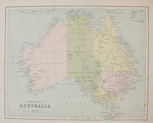 Map, Australia General Map of,  Hughes W,  Virtue and Co London,  c1900