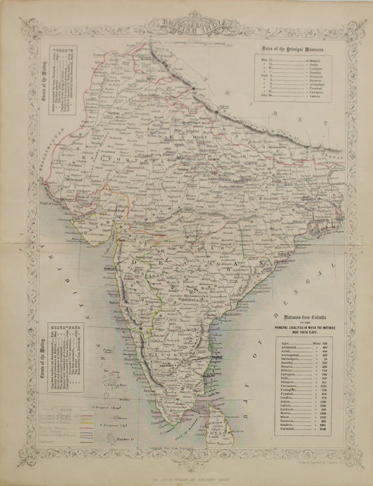Map, Tallis John, British India, c1851, Dates, Localities and Events of Massacres and Mutiny