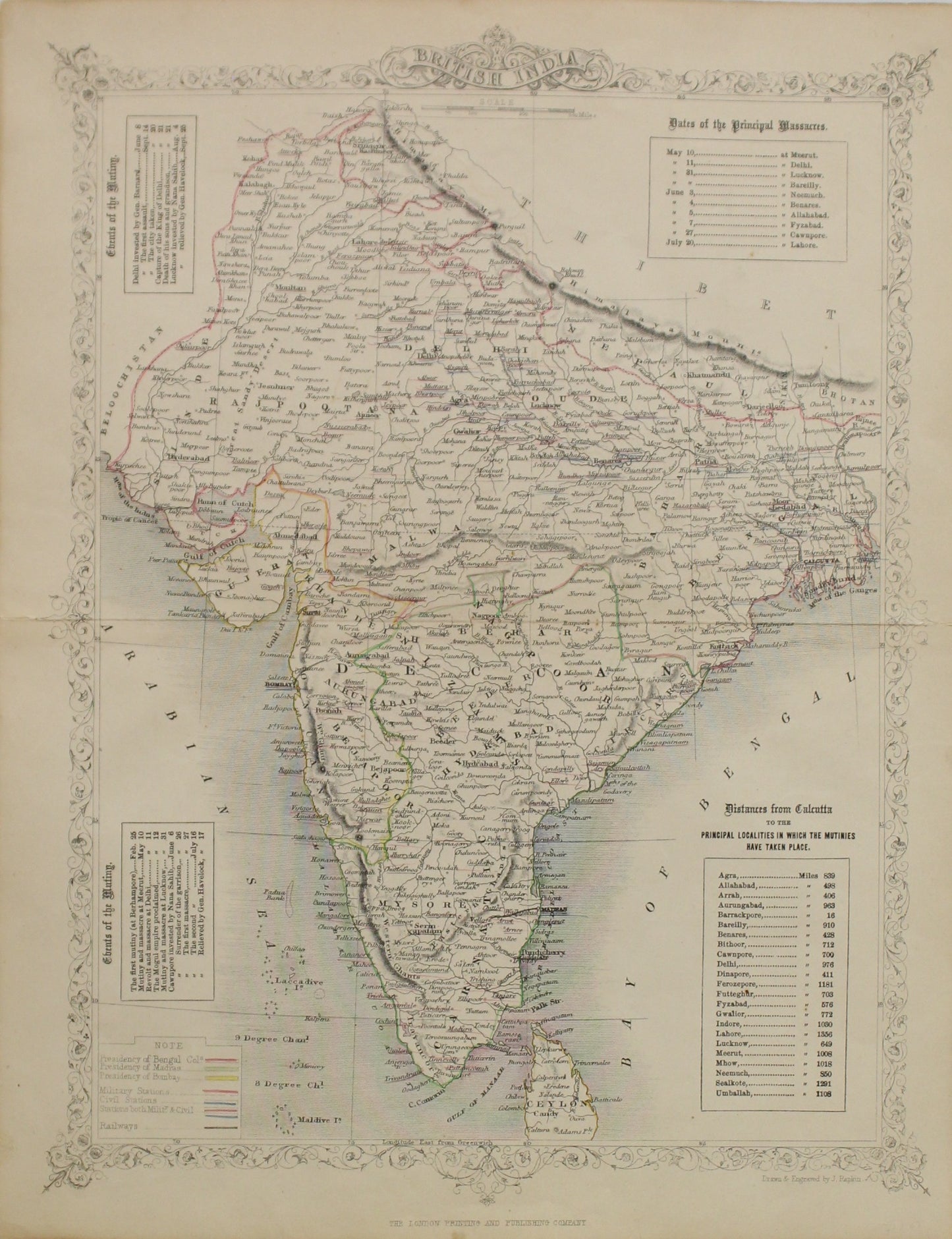 Map, Tallis John, British India, c1851,  Dates, Localaties and Events of Massacres and Mutiny