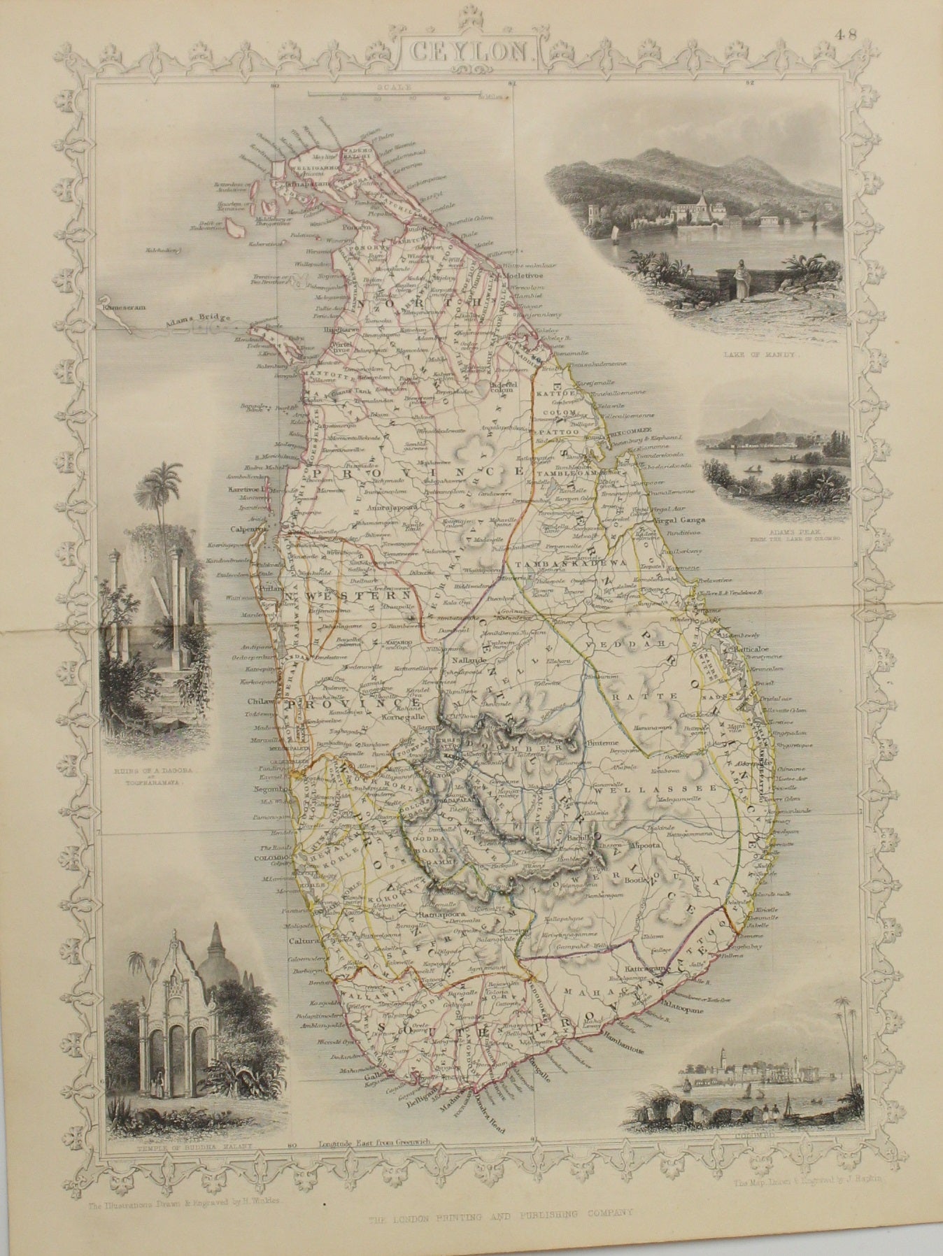 Map, Tallis John, Ceylon, c1851,  Dates, Localaties and Events of Massacres and Mutiny