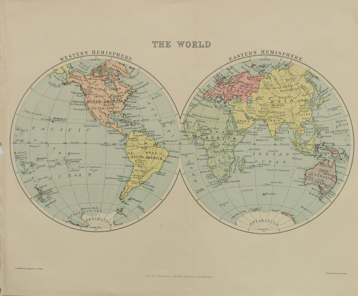 Map, The World. Eastern and Western Hemispheres, Chambers William and Robert, The Chambers Encyclopedia,  c1908