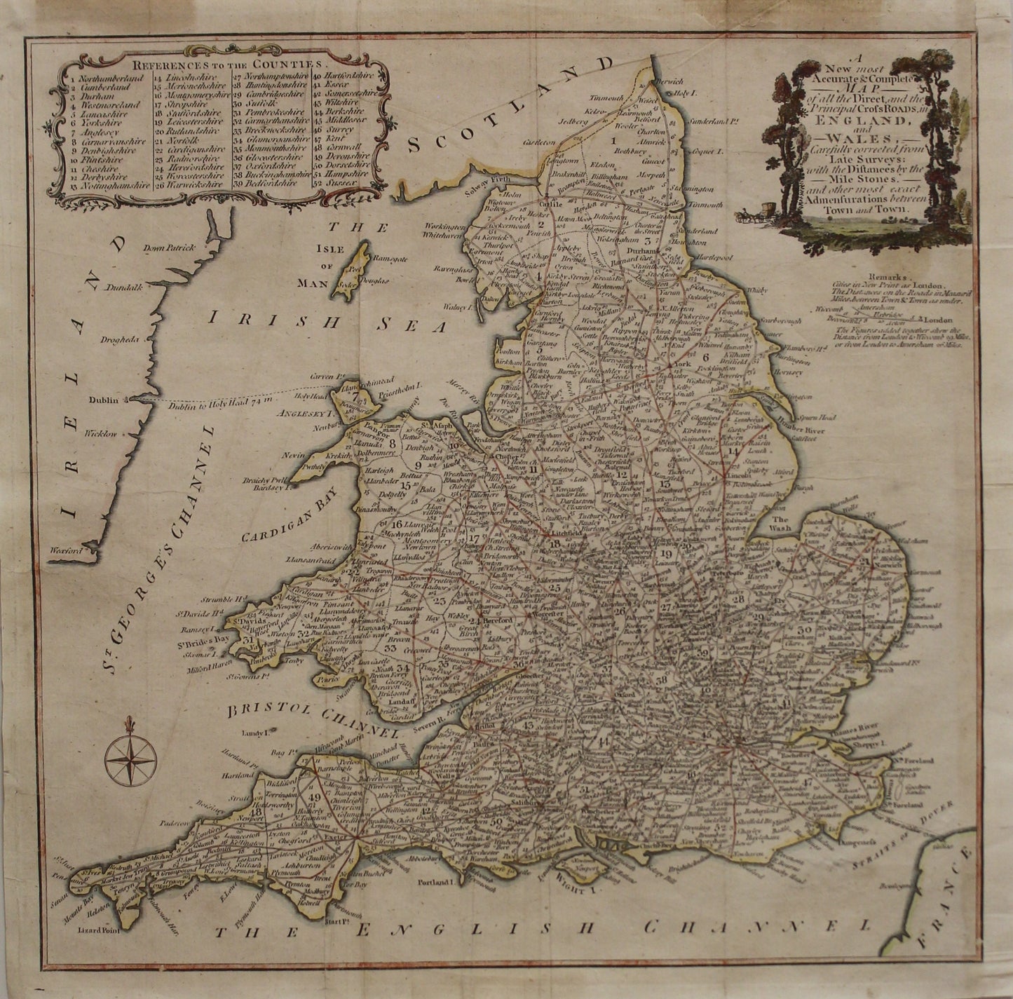 Map, England and Wales, With Direct and Principle Crossroads in England and Wales, 1750