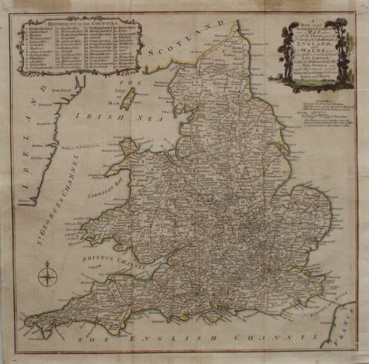 Map, England and Wales, With Direct and Principle Crossroads in England and Wales, 1750