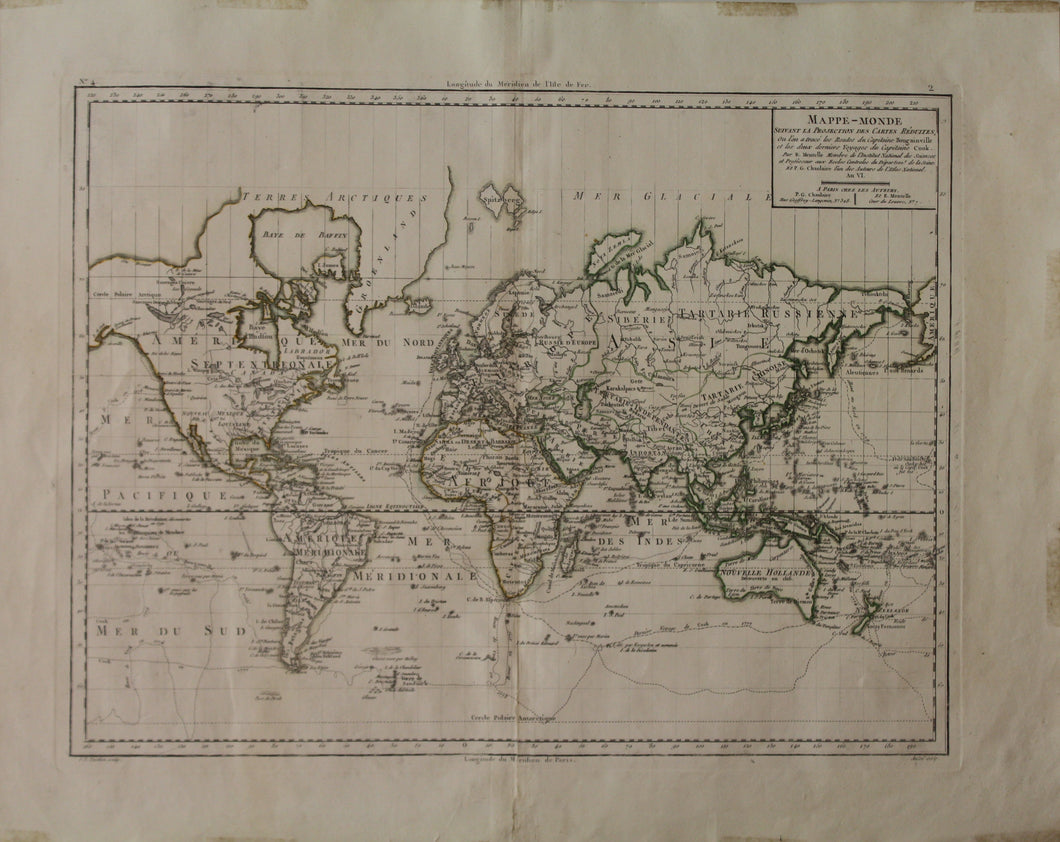 Map, Mappe Monde Suivant la Projection des Cartes Reduites: ou l'on a trace les Routes du Captaine Bougainville, et les deux  Derniere Voyages du Captaine Cook c1797