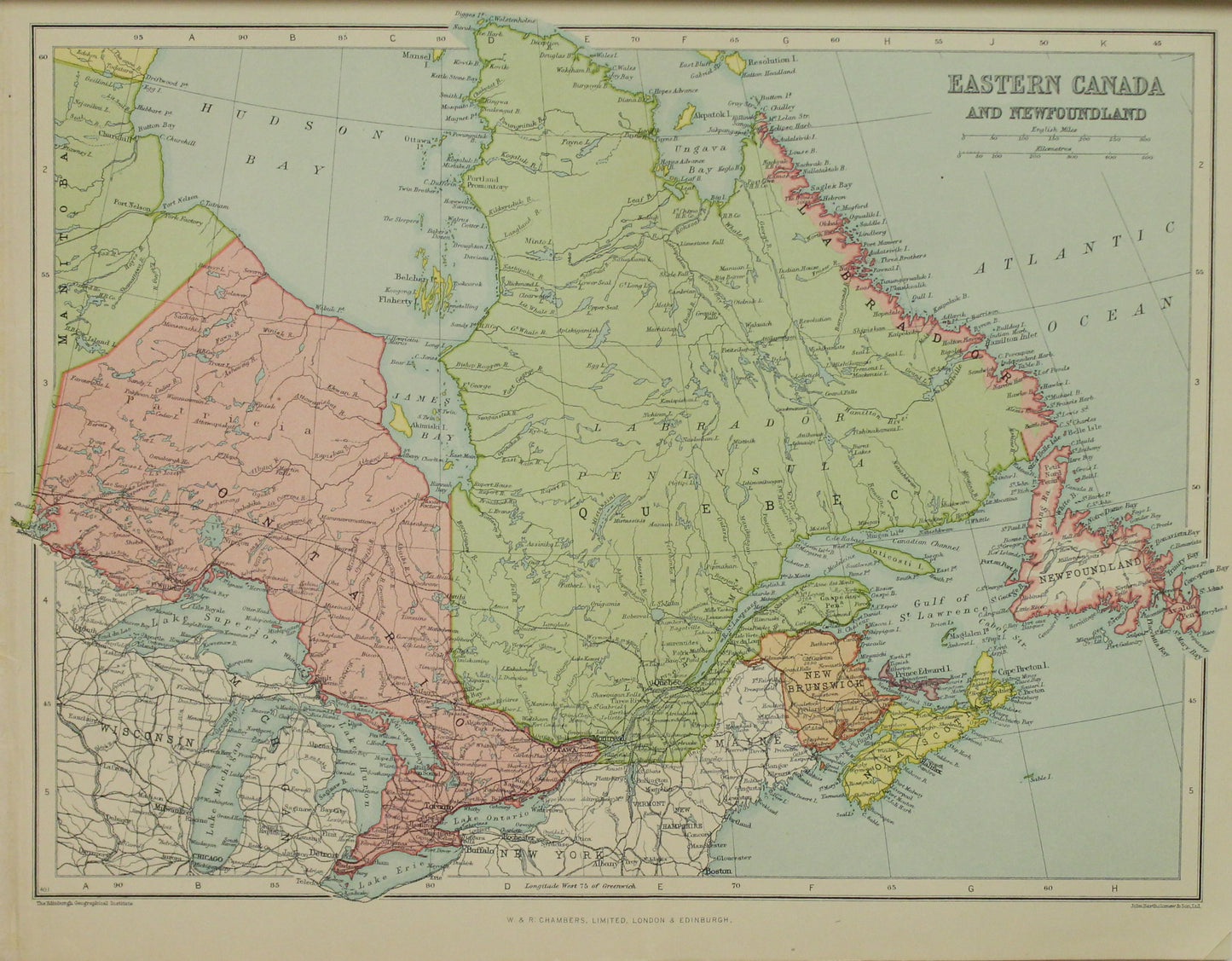 Map, Eastern Canada and Newfoundland, The Edinburgh Geographical Institute, John Bartholomew and Sons Ltd,  W & R Chambers,