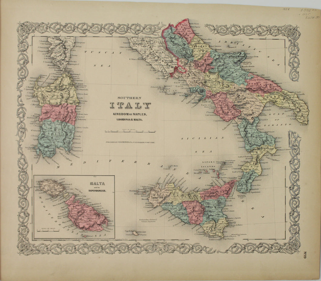 Map, Colton J H, Southern Italy, Kingdom of Naples Sardinia and Malta, #19, c1855