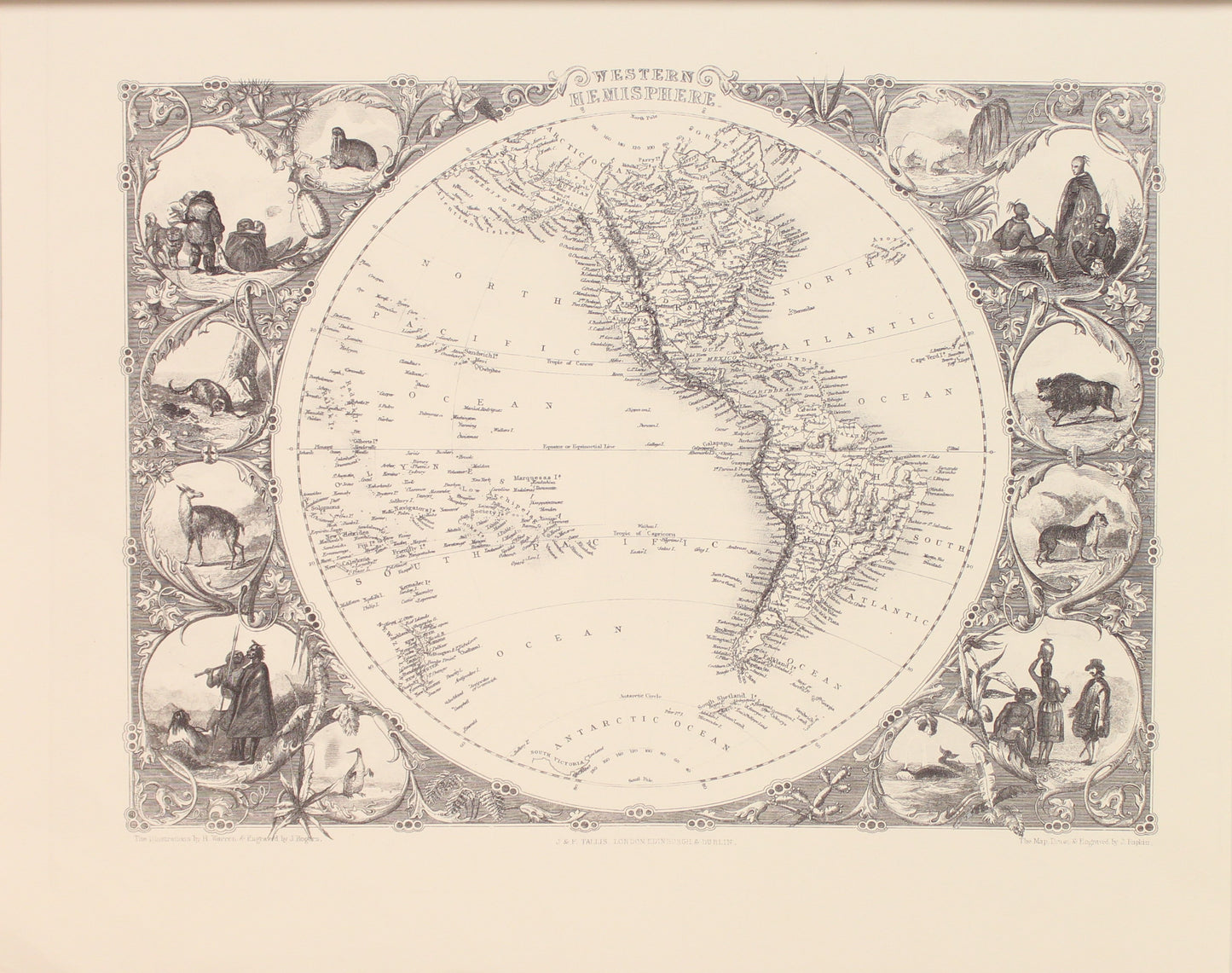 Map, Tallis John, Western Hemisphere, c1851, Reproduction, Black and White