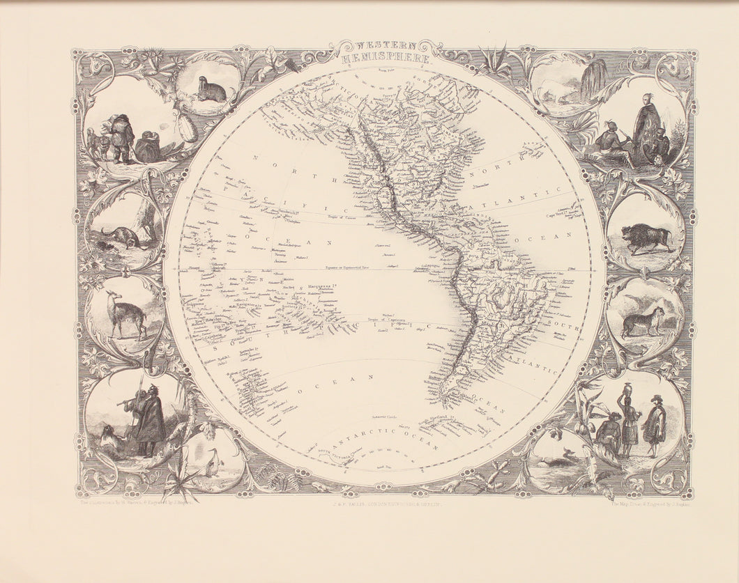 Map, Tallis John, Western Hemisphere, c1851, Reproduction, Black and White