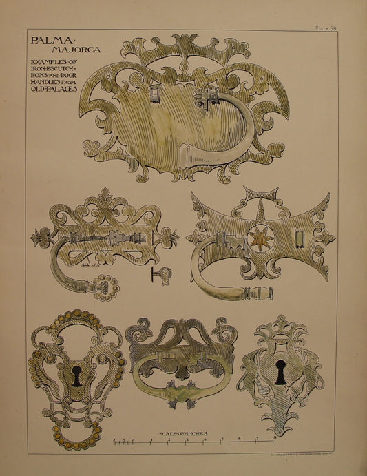 Architecture, Spanish Renaissance, Plate 59, Palma, Majorca, Examples of Iron Escutcheons and Door Handles c1888