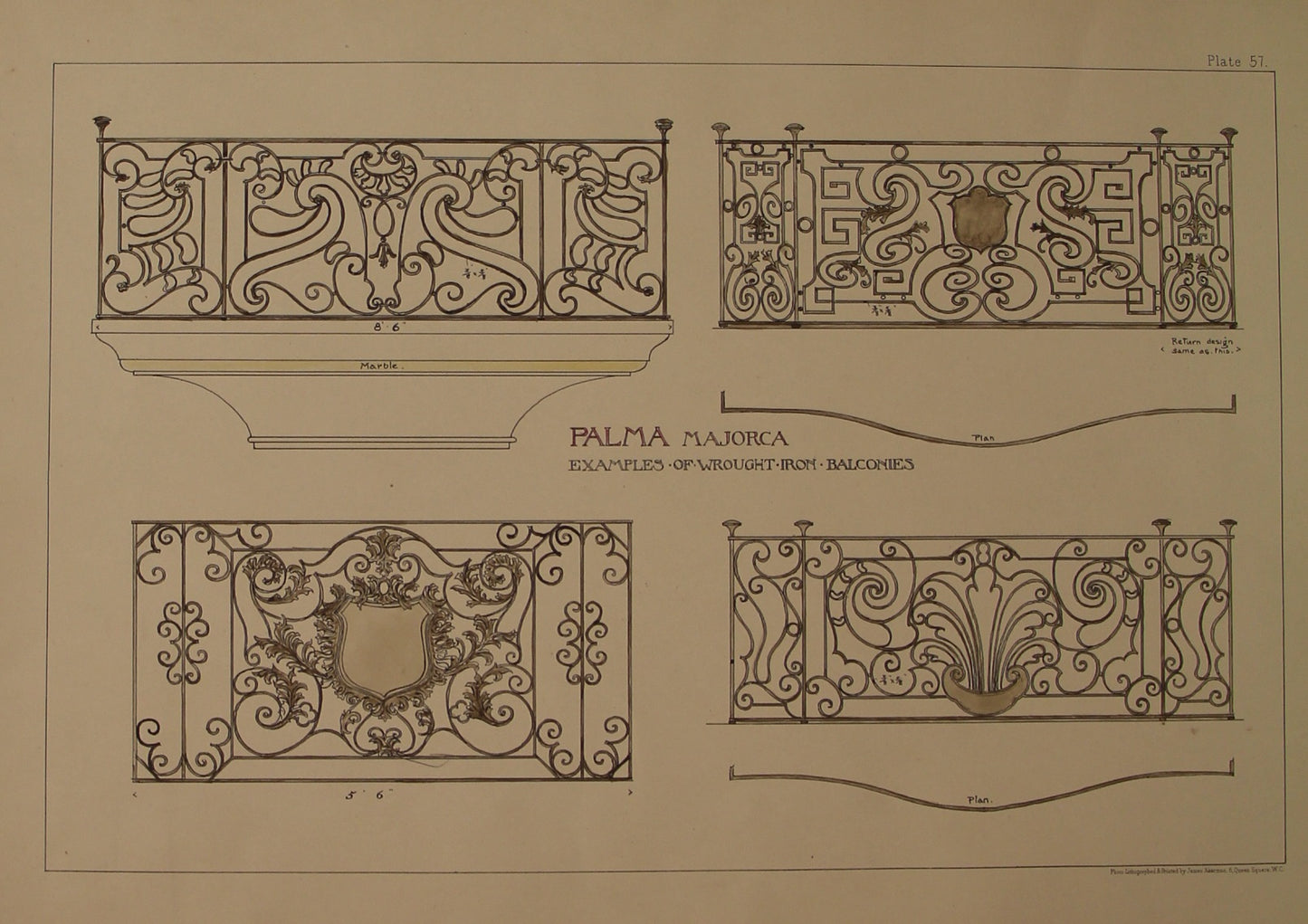 Architecture, Spanish Renaissance, Plate 57 , Palma, Majorca, Examples of Wrought Iron Balconies, c1888te