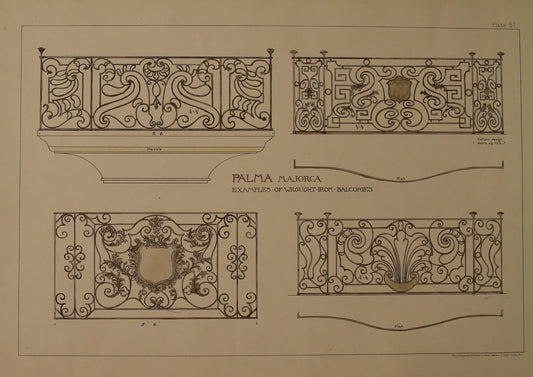 Architecture, Spanish Renaissance, Plate 57 , Palma, Majorca, Examples of Wrought Iron Balconies, c1888te