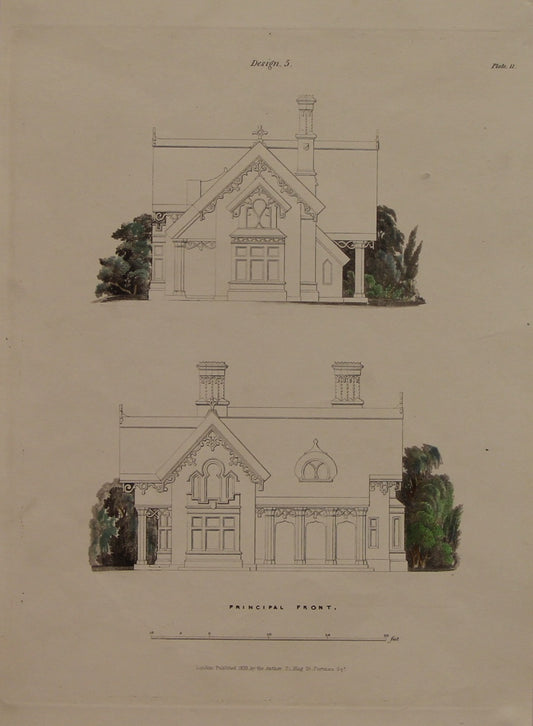 Architecture, Parsonage House, Principal Front Design, Chamber Plan, Ground Plan, Design No 5, Plate 11 and 12