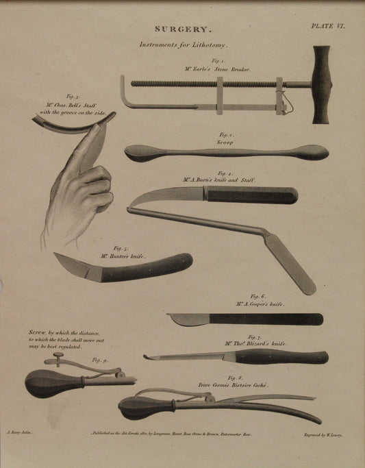 Professions, Anatomy, Surgery, Instruments for Lithotomy ,Plate 6, c1812,