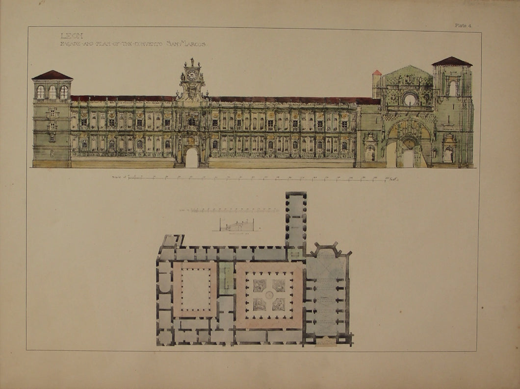 Architecture, Spanish Renaissance,  Plate 4, Leon, Facade and Plan of the Convent of San Marcos,