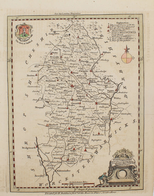 Map, Staffordshire, Kitchin, Thomas, The London Magazine,  c1756