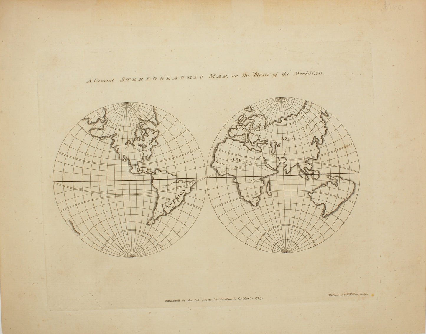 Map, Mallet Alain Manneson, Early Stereographic Map on the Plane of the Meridian, 1783