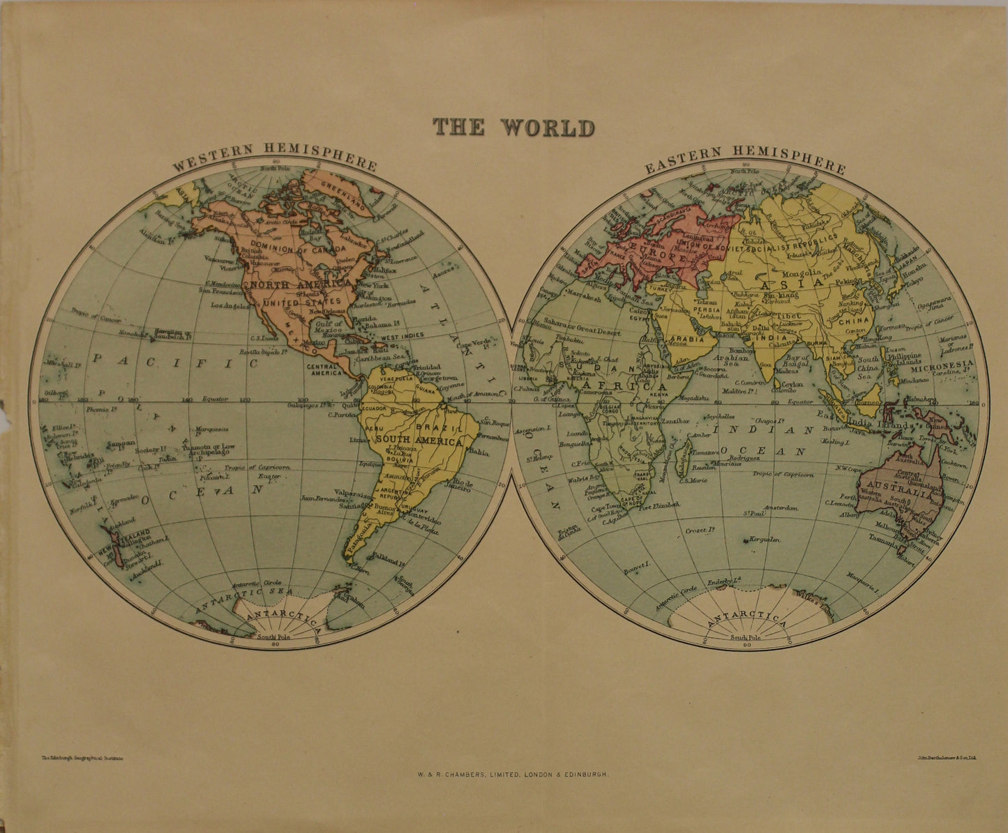 Map, The World, Eastern and Western Hemispheres, The Edinburgh Geographical Institute, John Bartholomew and Sons Ltd,  W & R Chambers,