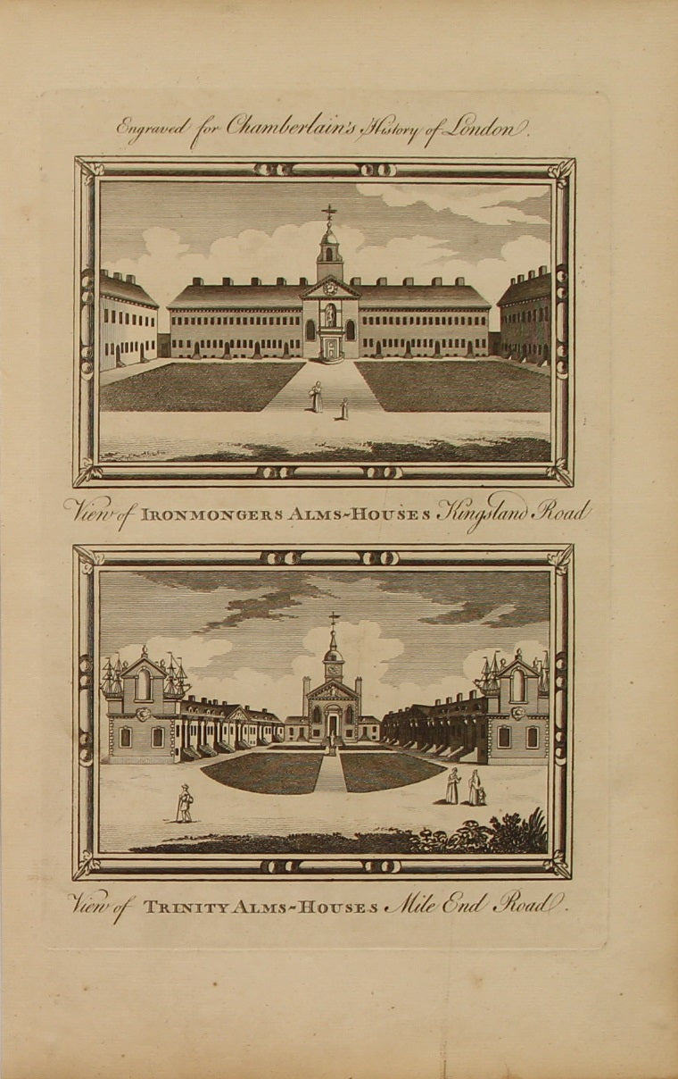 Architecture, View of Ironmongers Alms Houses and, , Trinity Alms Houses, Engraved for Chamberlains History of London, c1770