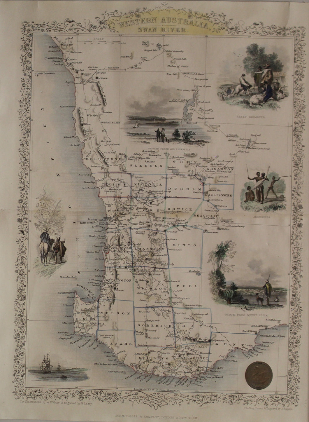 Map, Tallis John, Western Australia Swan River c1851, Original