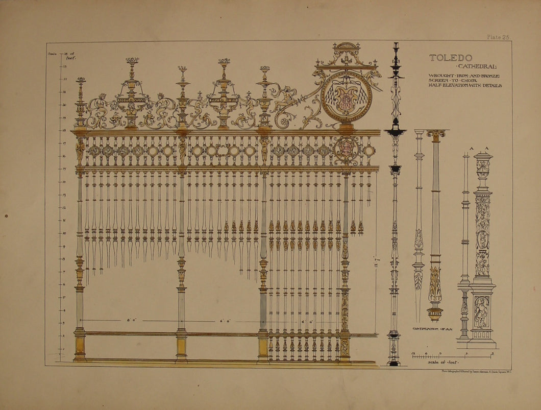 Architecture, Spanish Renaissance, Plate 25, Toledo, The Cathedral, Wrought Iron and Bronze Screen to the Choir, Half Elevation with Details,